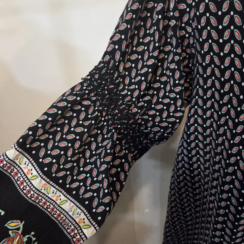 Umgee Boho Black Printed Dress Pink Trim Colorblock V Neck Embroidered Sleeves - Picture 2 of 16